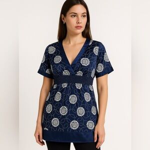 Y2K Office Wear Baby Doll Tunic  Blouse Satin Trim Tagged XL Blue Career Work